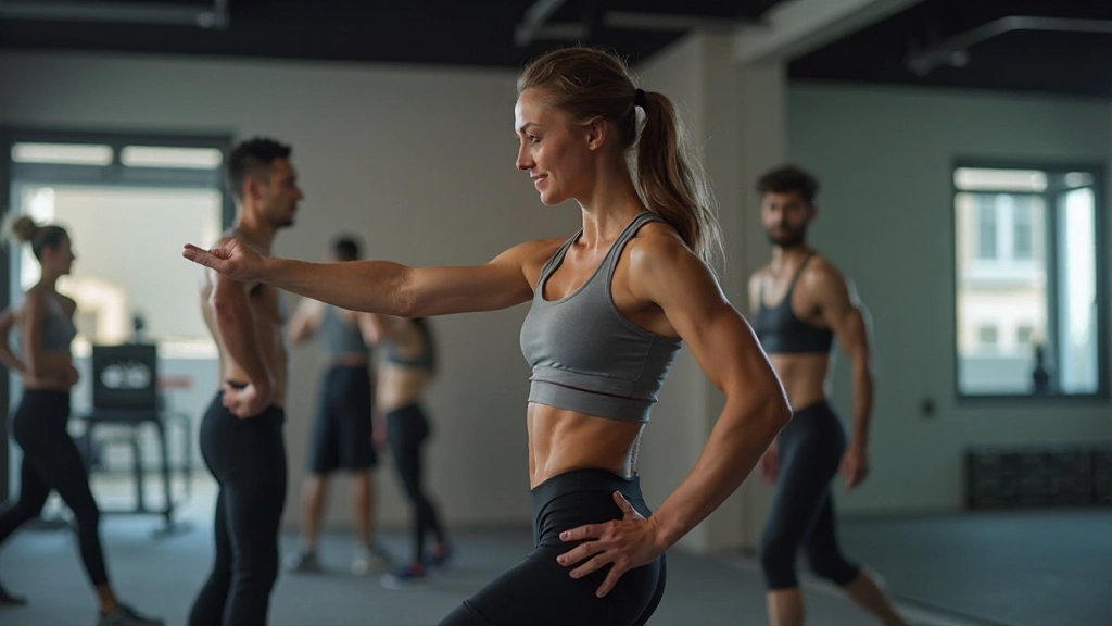 Professional fitness trainer demonstrating proper exercise technique with client in modern gym