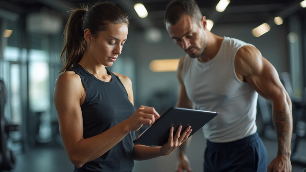 Athletic coach analyzing performance metrics and training data on tablet with athlete