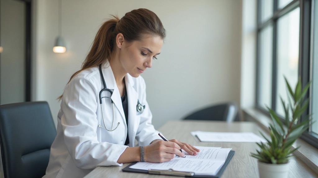 Professional nutritionist analyzing meal planning documents and athletic diet composition on desk