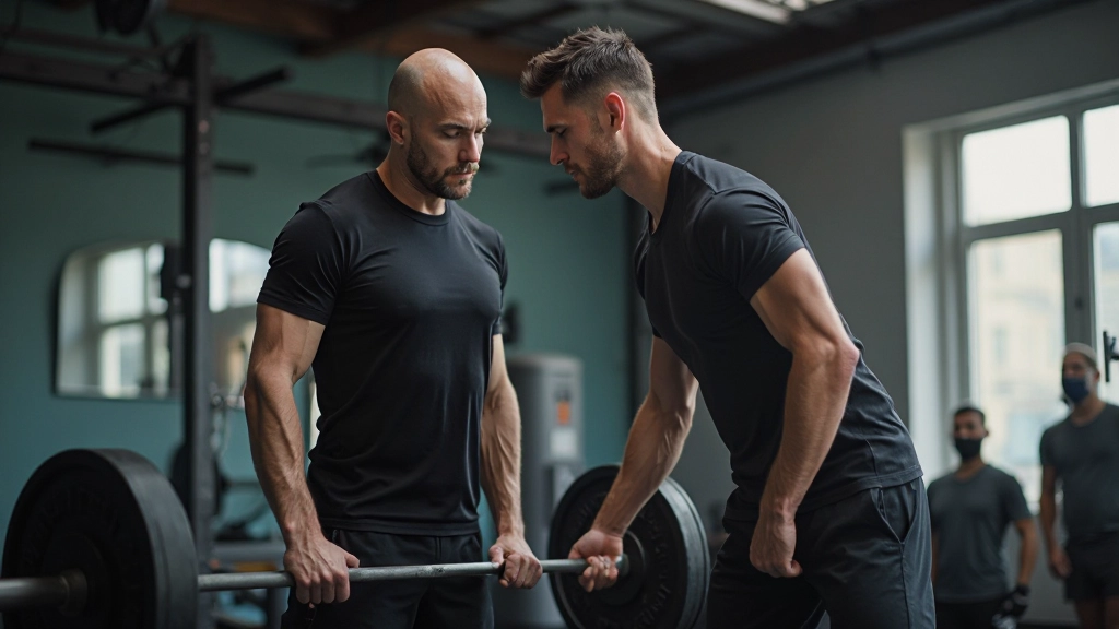 Professional strength coach demonstrating correct barbell deadlift form to athlete in training facility