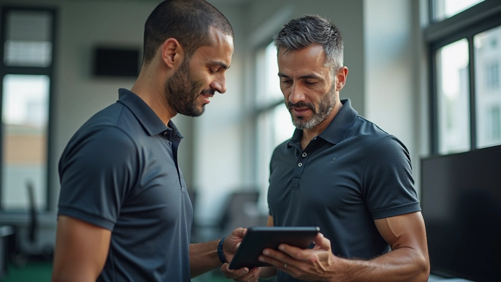 Athletic coach analyzing performance metrics and training data on tablet with athlete